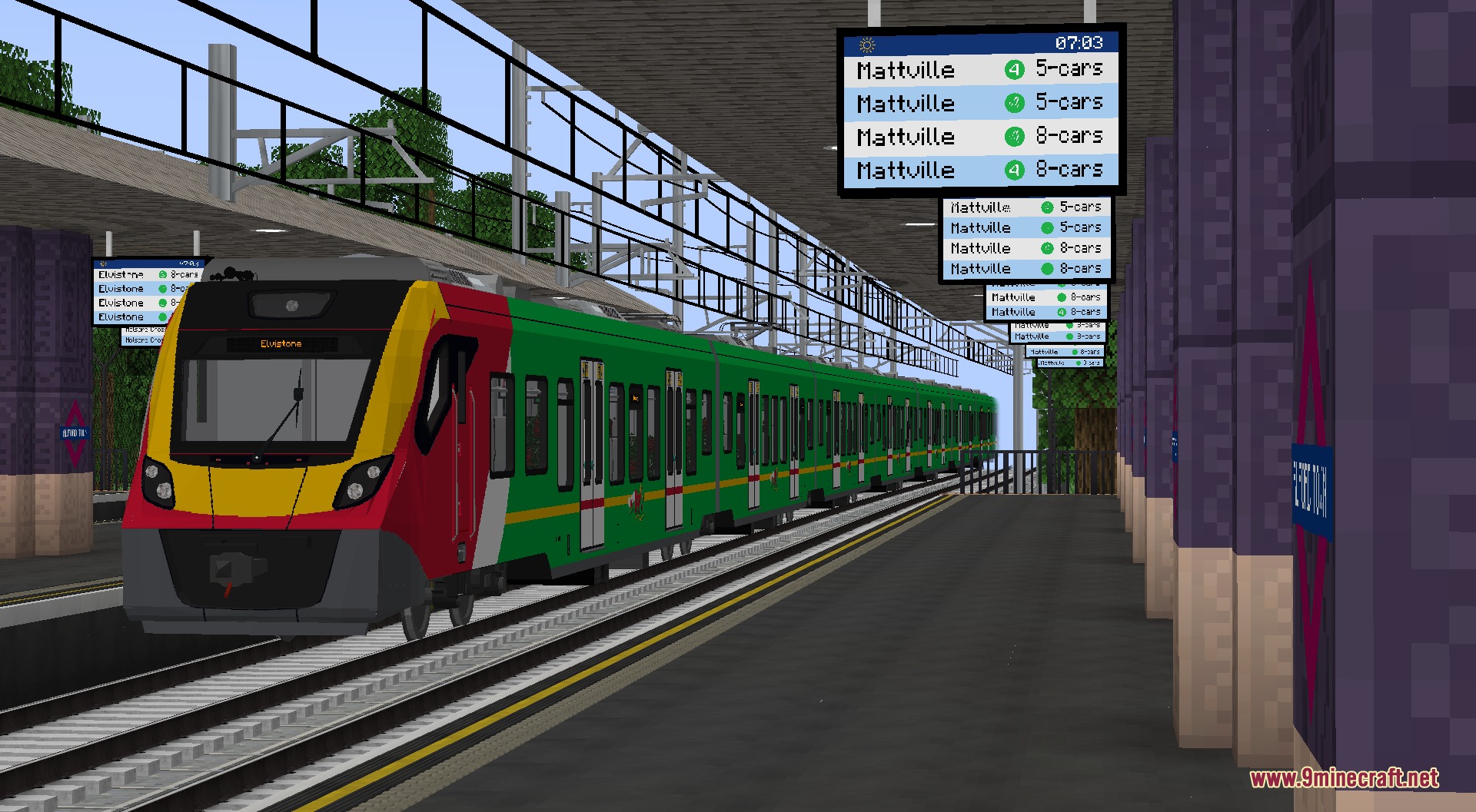 Welshie Rail Resource Pack Screenshot 4 A long green train arriving at a station with digital departure signs