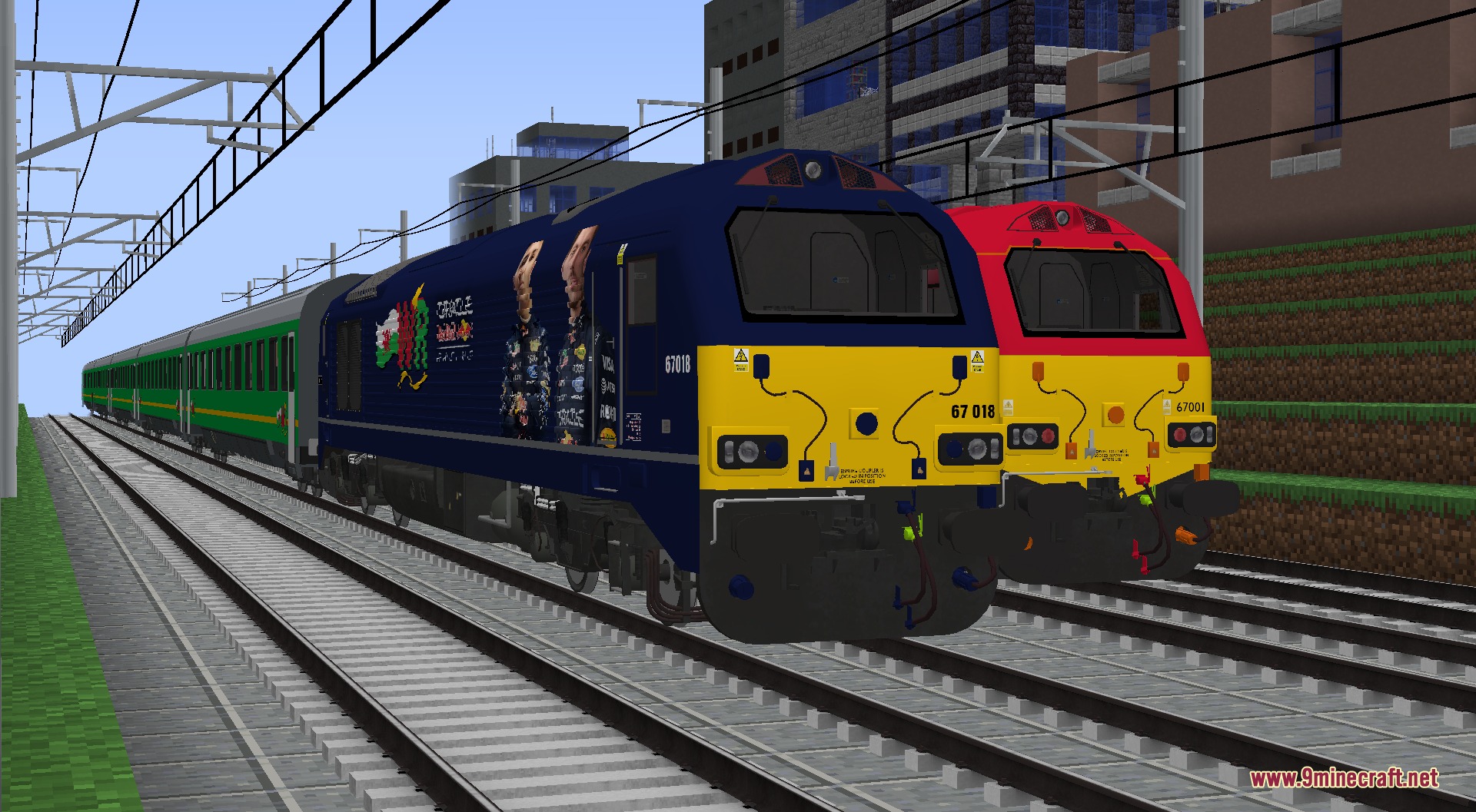 Welshie Rail Resource Pack Screenshot 5 Two Welshie Rail locomotives parked on parallel tracks in a Minecraft city