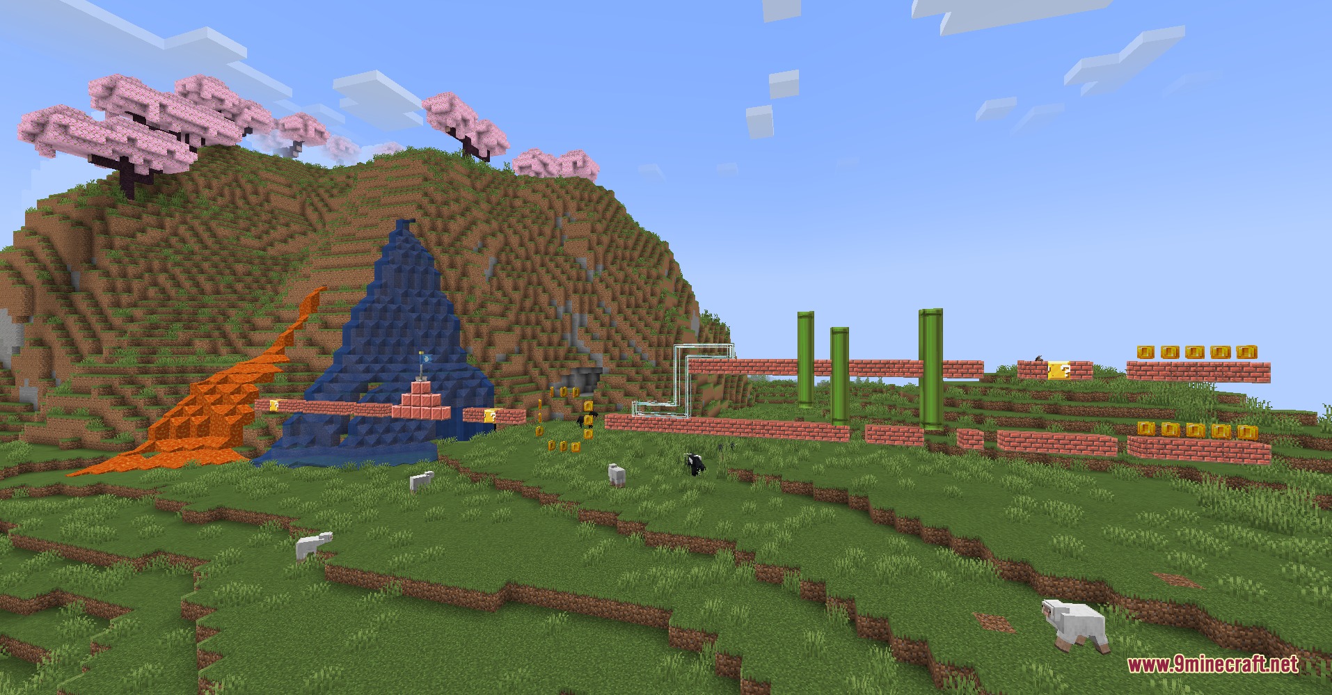 Wen Xin's Marioverse Mod Screenshot 2 Floating brick blocks and green pipes placed throughout a grassy open field