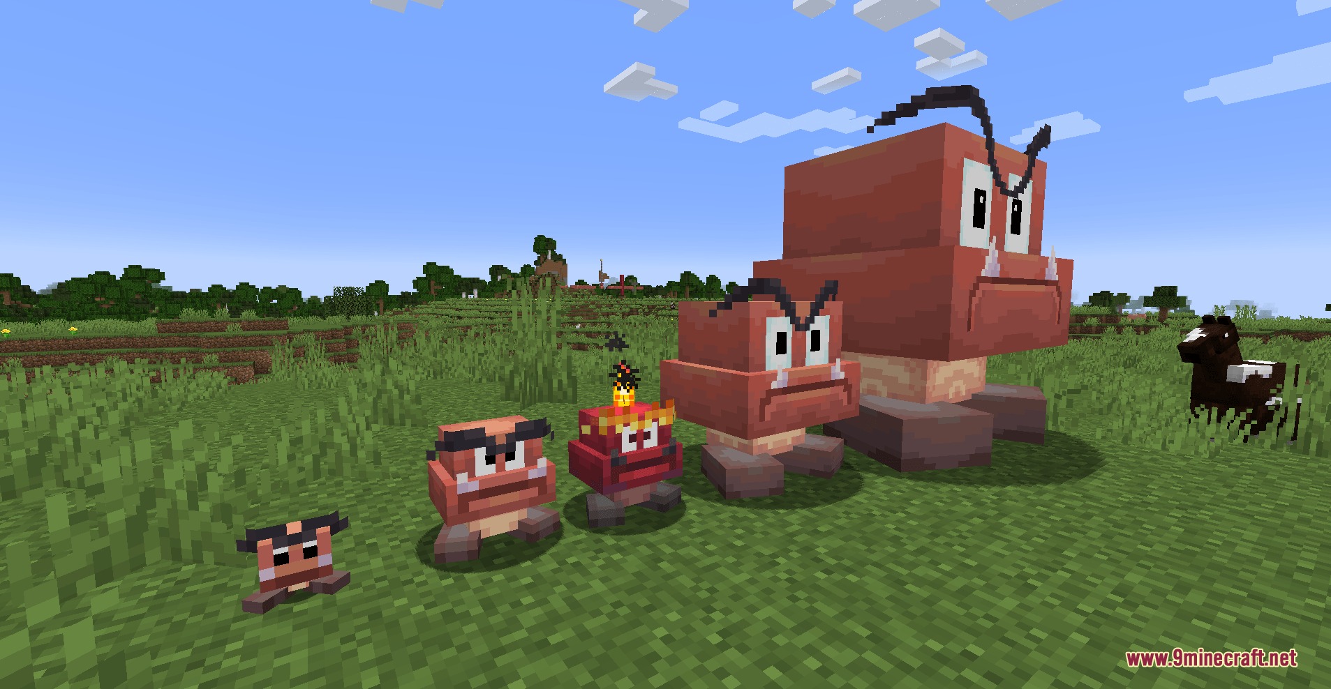Wen Xin's Marioverse Mod Screenshot 3 Goombas of various sizes and an explosive Goomba standing in a field