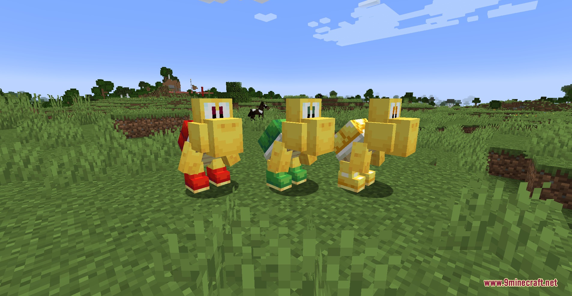 Wen Xin's Marioverse Mod Screenshot 4 Red green and gold Koopa Troopas standing together in a grassy Minecraft field
