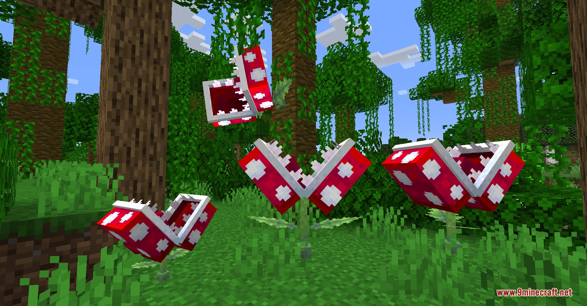 Wen Xin's Marioverse Mod Screenshot 5 Red Piranha Plants with sharp teeth grow in a lush Minecraft jungle