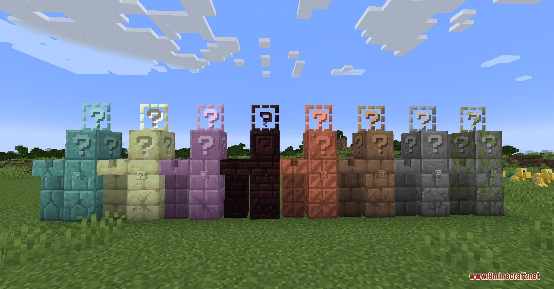 Wen Xin's Marioverse Mod Screenshot 7 A row of various colored question blocks standing on a grassy Minecraft field