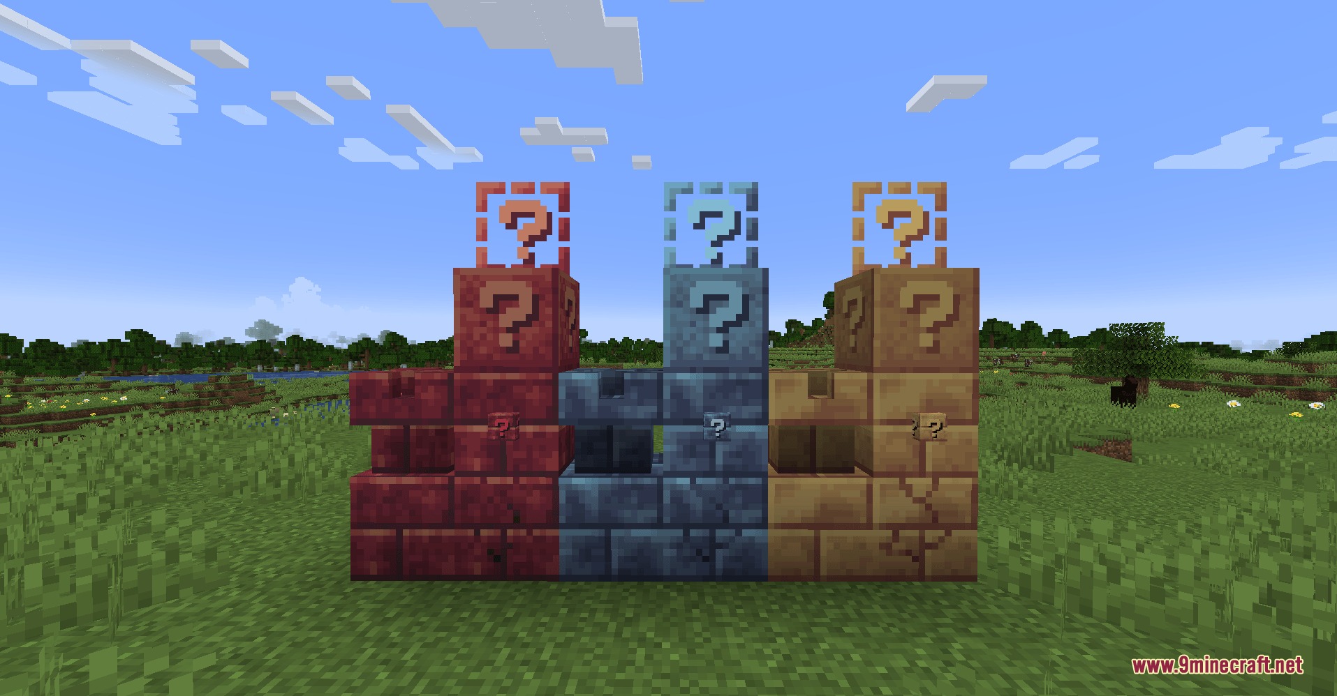 Wen Xin's Marioverse Mod Screenshot 8 Three sets of different colored question blocks displayed in a grassy Minecraft landscape