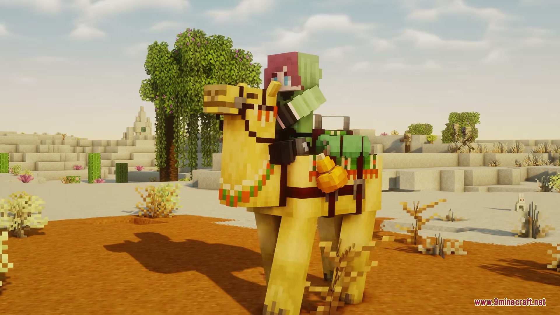 Player riding a camel with custom travel gear in a desert