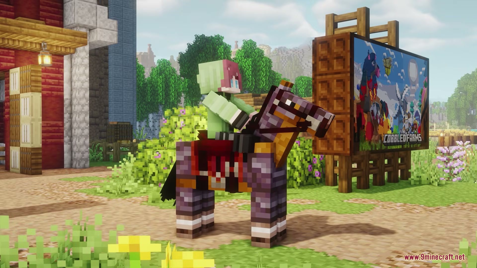 Player riding a horse with Wh33zys Tack Overhaul gear near a sign