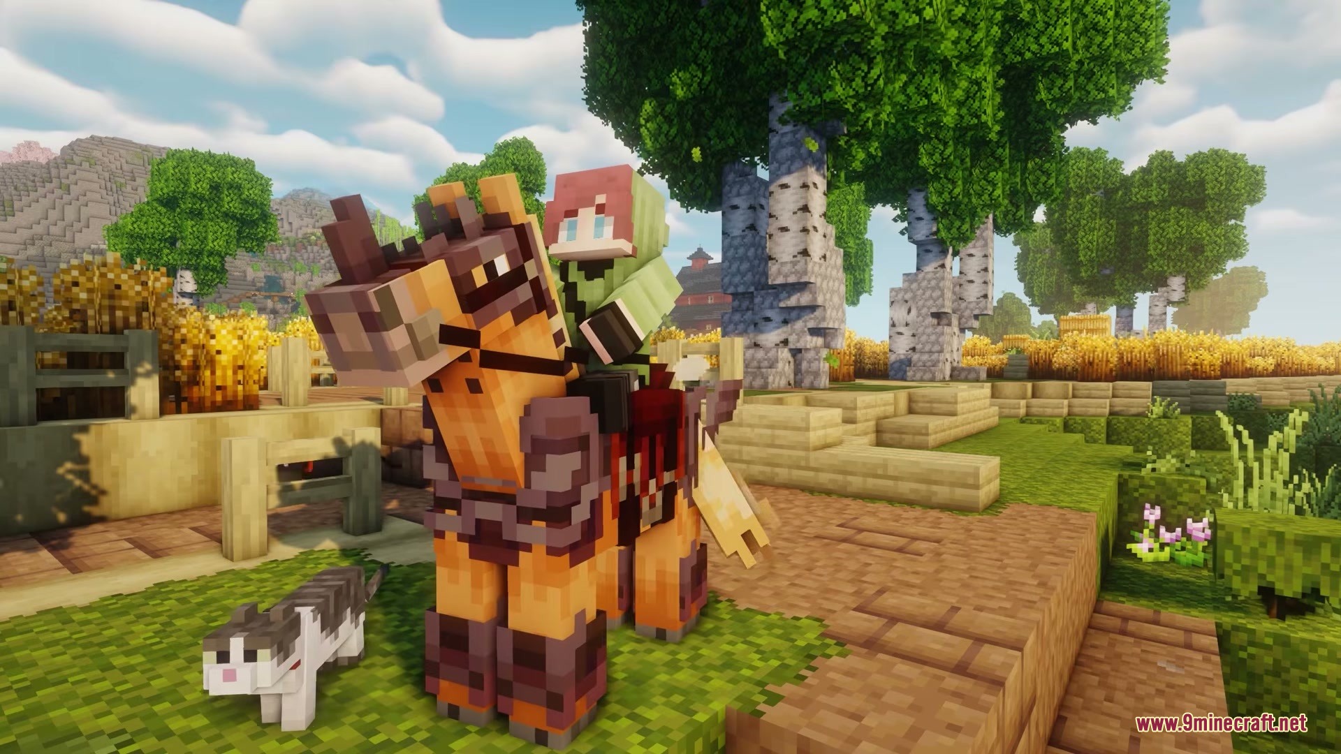 Character riding a horse with realistic travel equipment near a wolf