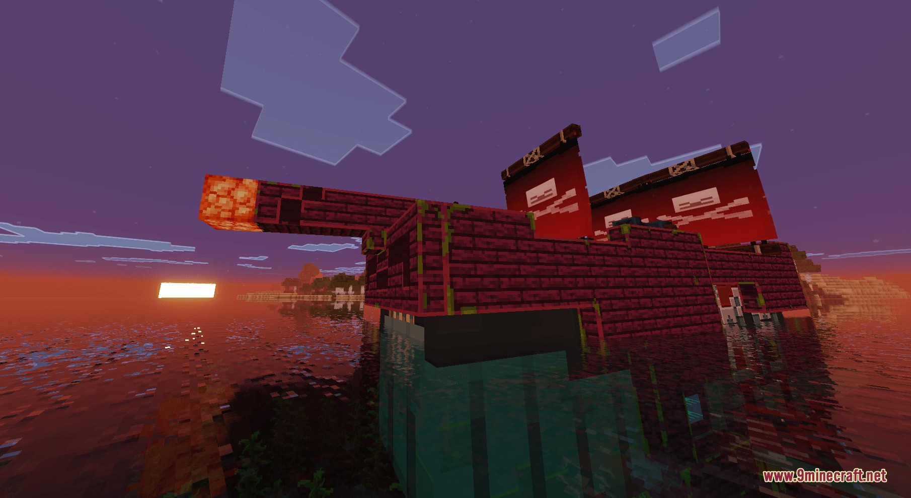 Whaleborne Mod Screenshot 1 A massive pirate ship with red sails sailing on the ocean at sunset