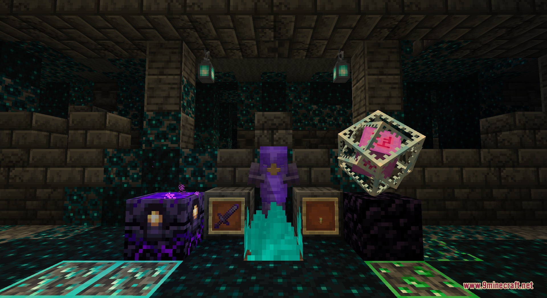 What's Vanilla PVP Pack Resource Pack Screenshot 1 Vanilla PVP Pack showing a player in purple armor in the deep dark