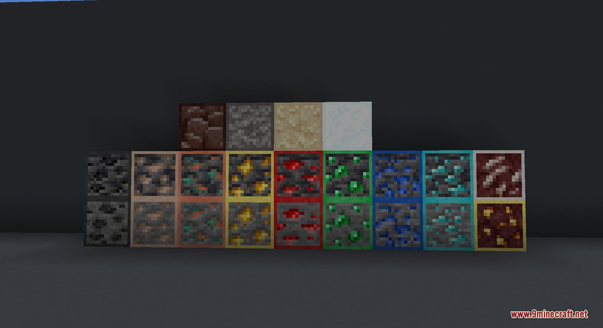 What's Vanilla PVP Pack Resource Pack Screenshot 2 Various Minecraft ore blocks displayed with bright colored outlines for better visibility