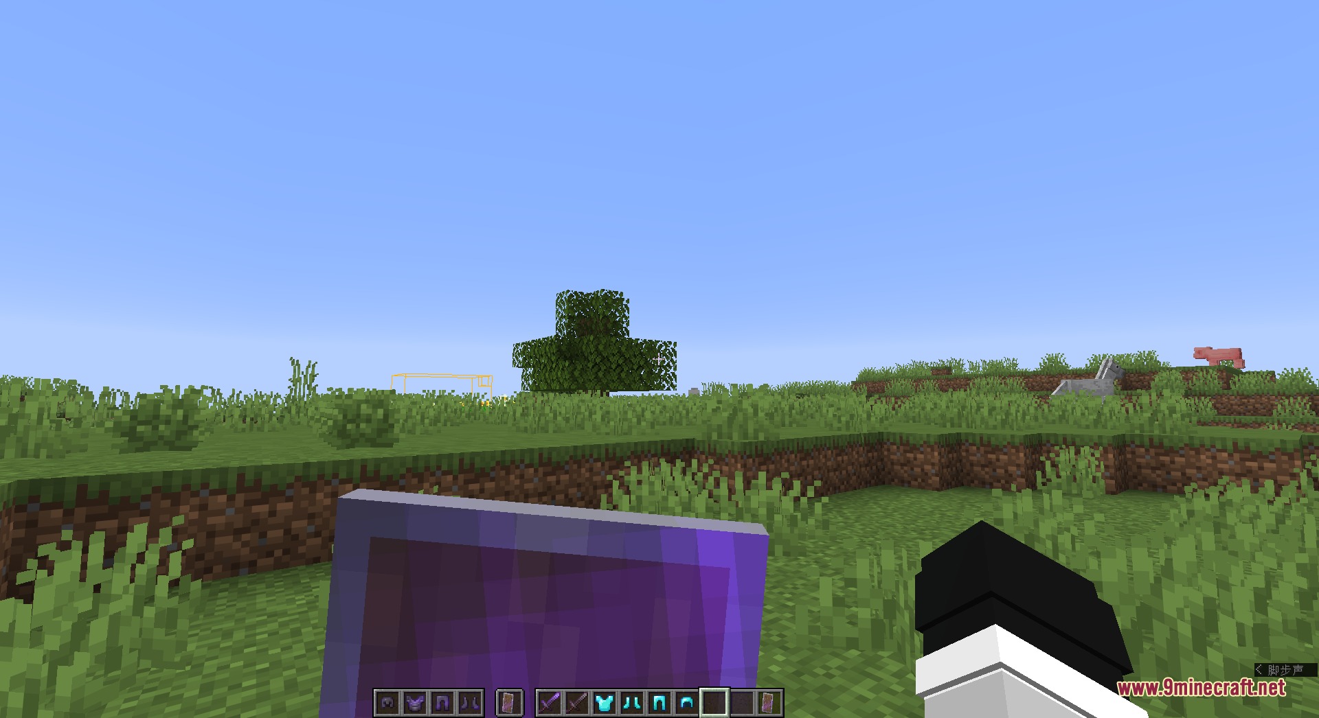What's Vanilla PVP Pack Resource Pack Screenshot 6 First person view of a lowered purple shield in a grassy field