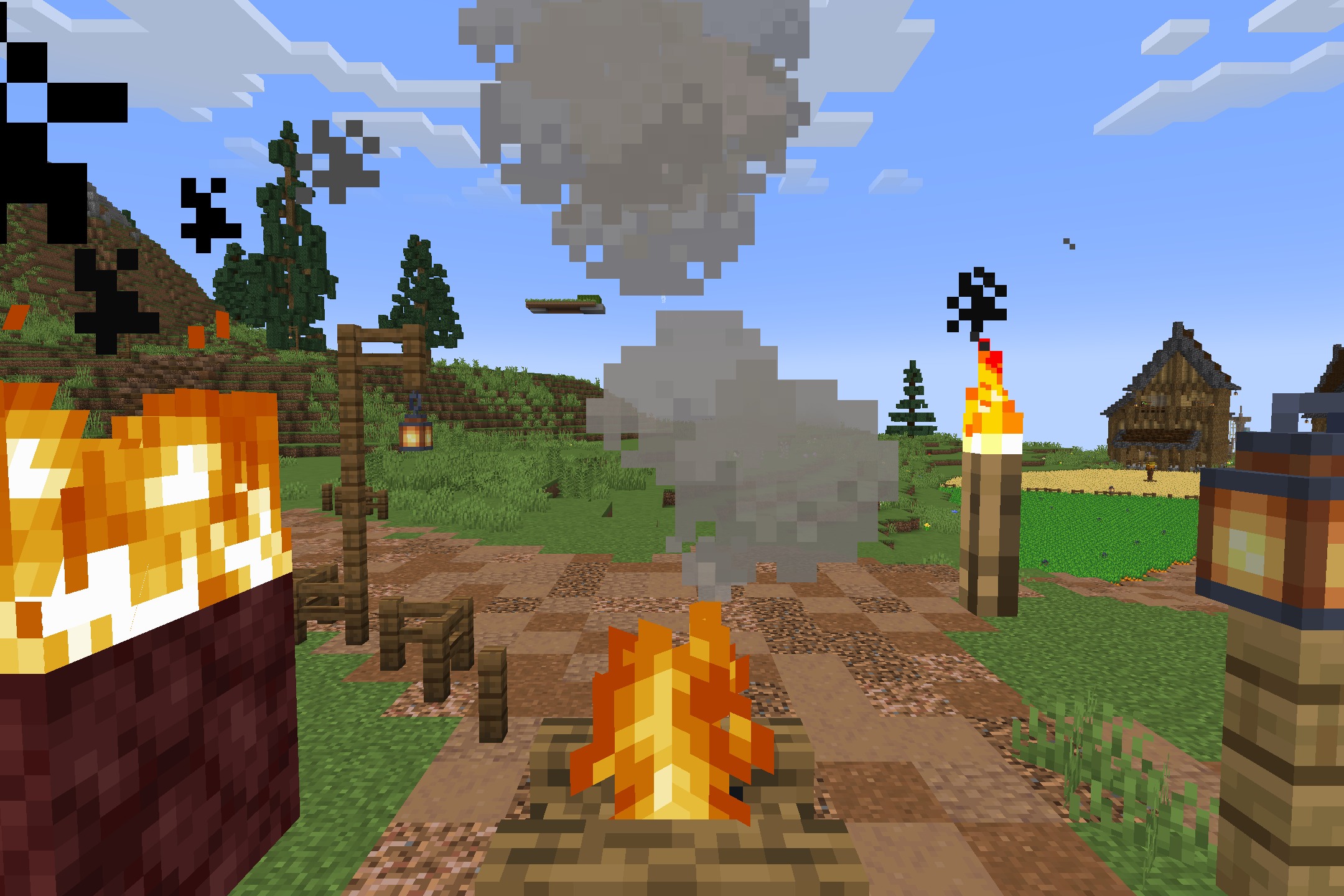 When Dungeons Arise - No Flying Structures Resource Pack Screenshot 4 A campfire and torch lighting a path near a small wooden building