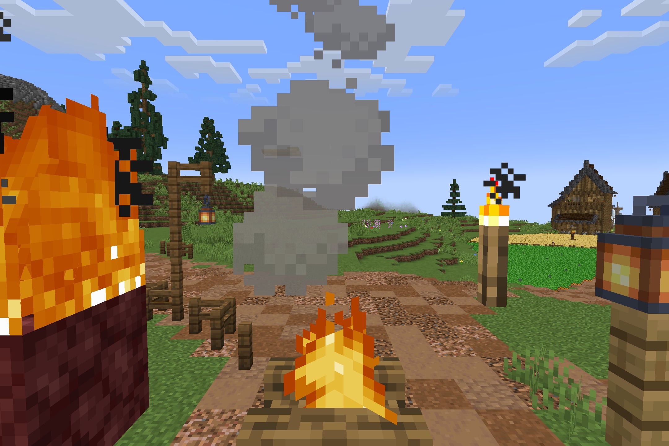 When Dungeons Arise - Spacing Tweaks Resource Pack Screenshot 4 A burning campfire with smoke rising next to a dirt path and lanterns