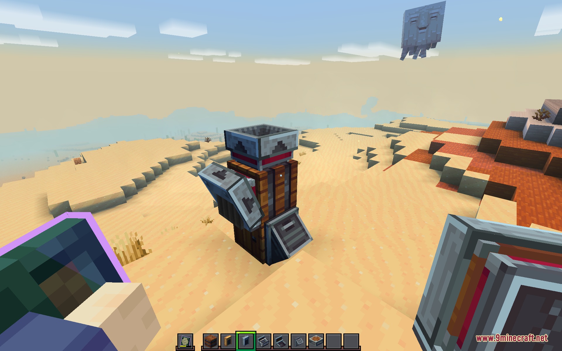Whimscape X Create Resource Pack Screenshot 1 Mechanical contraption with a hopper stands in a vast desert landscape