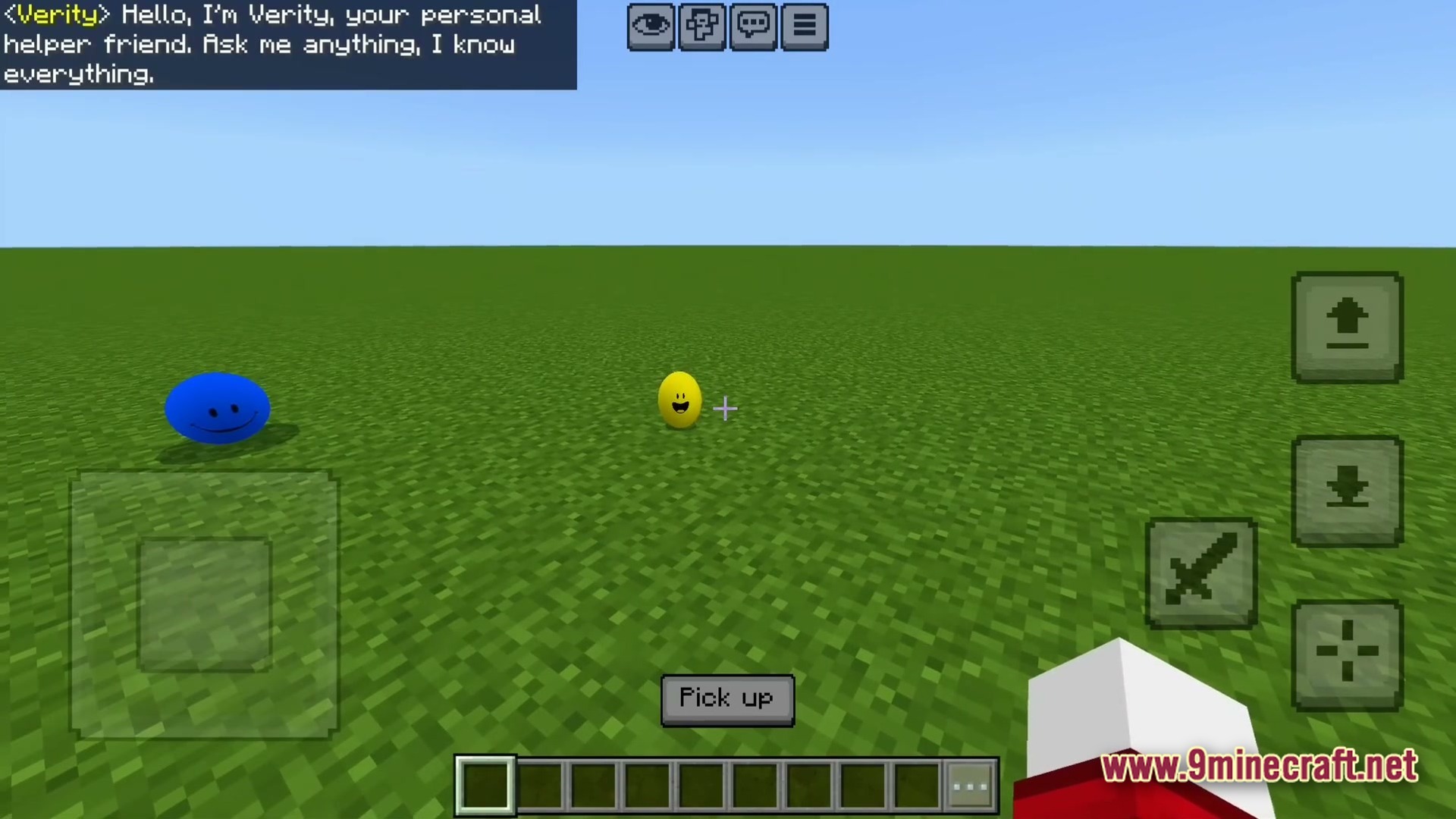 Whispering Neural Fear Modpack Screenshot 1 A flat grass world featuring a blue sphere and a yellow entity named Verity with chat