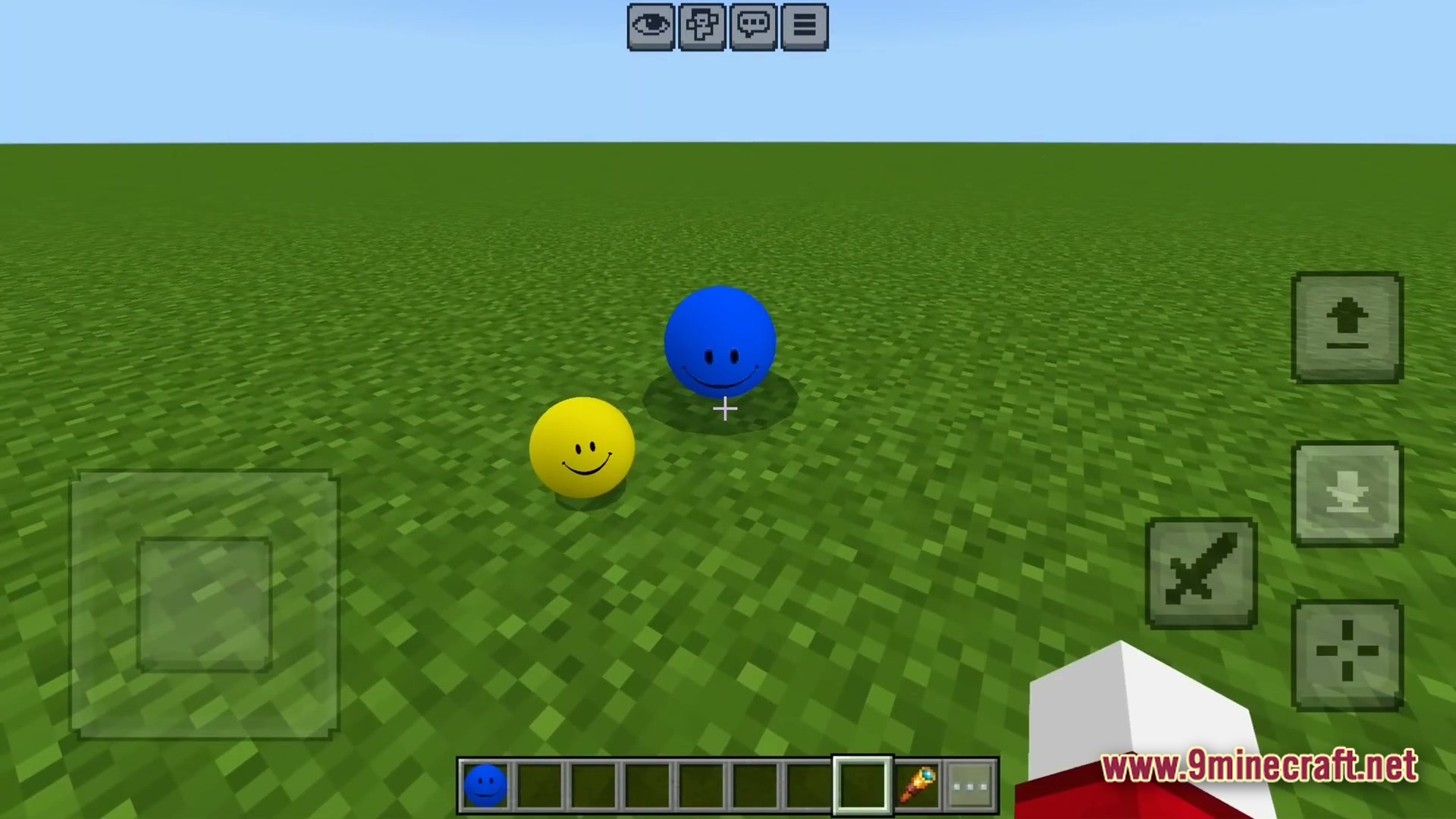 Whispering Neural Fear Modpack Screenshot 3 Yellow and blue spherical smiley face mobs stand on a flat grass plain in Minecraft