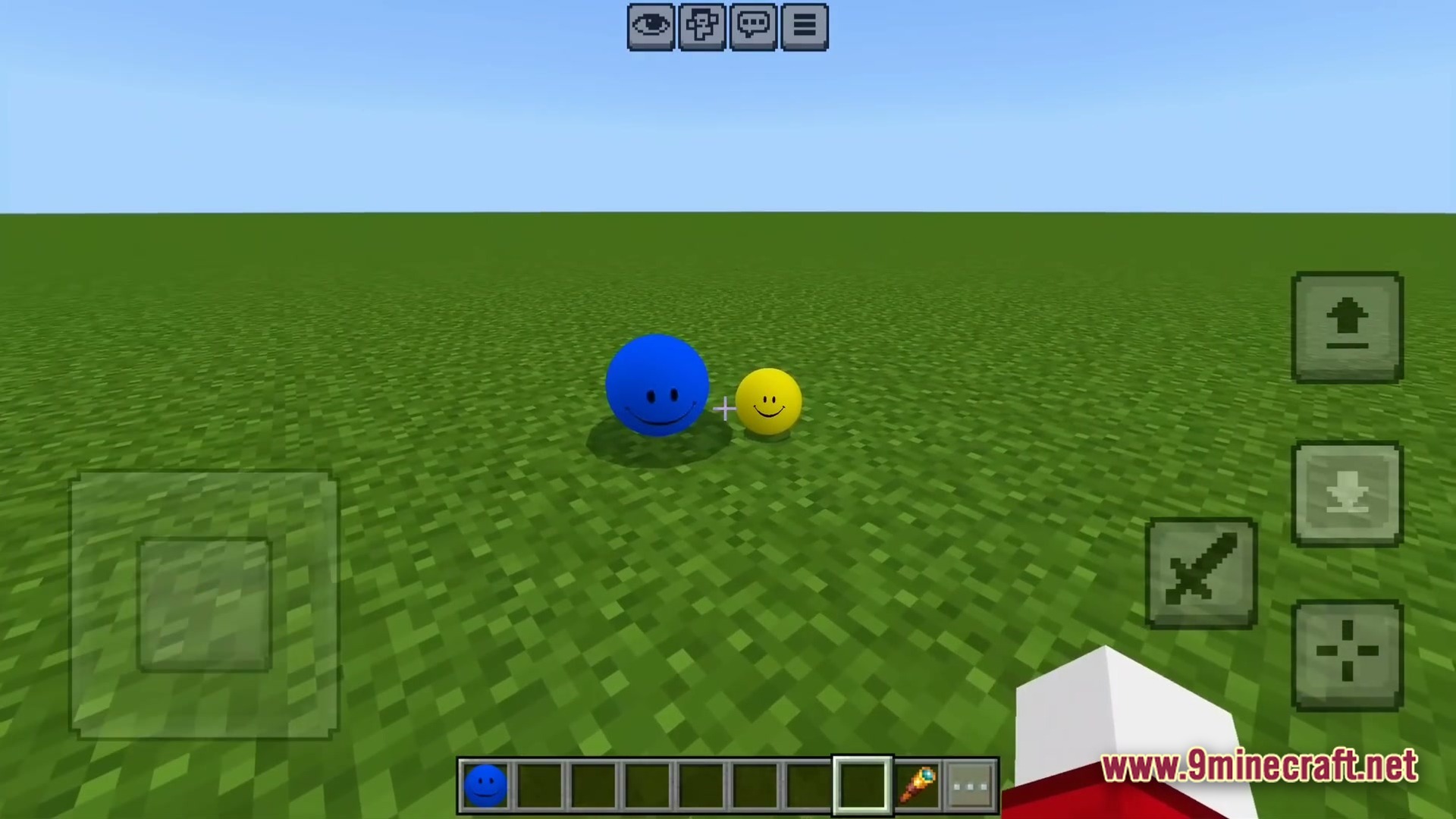 Whispering Neural Fear Modpack Screenshot 4 Two spherical entities with smiley faces sit on a flat grass plain in a superflat world