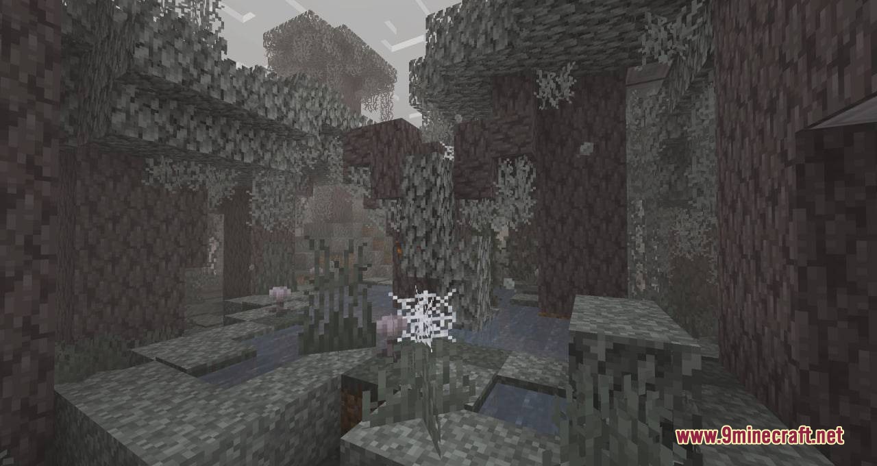 A misty Pale Garden forest featuring small decorative structures and hanging cobwebs