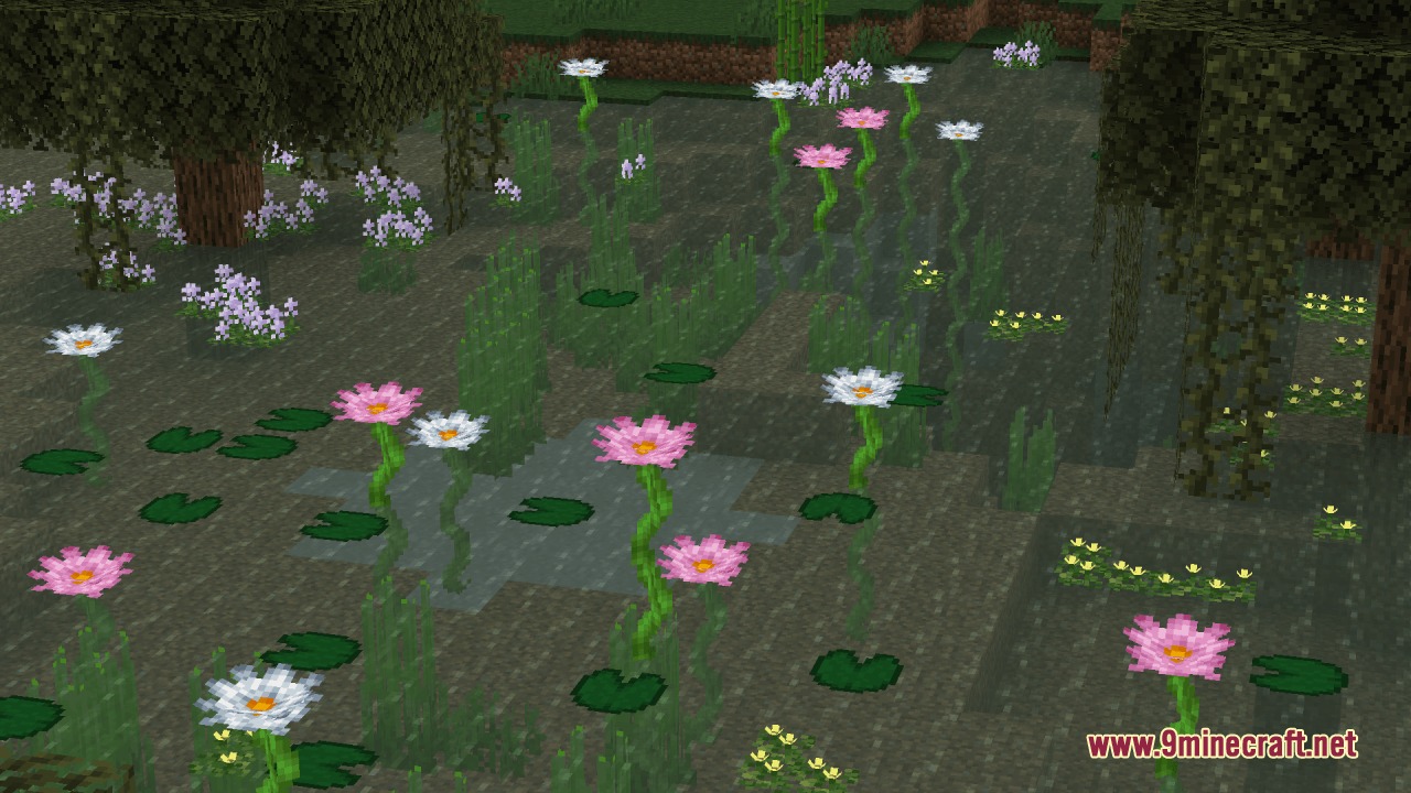 Tall stacking flowers and water lilies decorating a swampy Minecraft biome