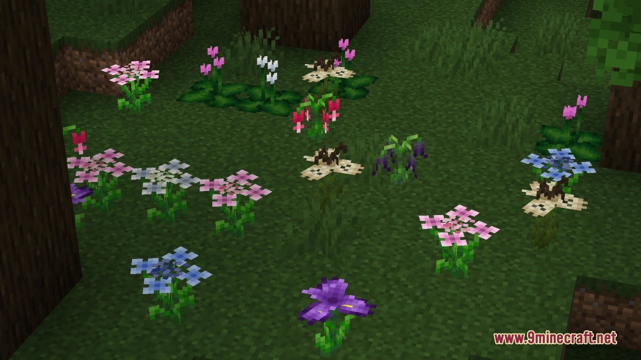 A variety of colorful flowers scattered across a grassy Minecraft landscape