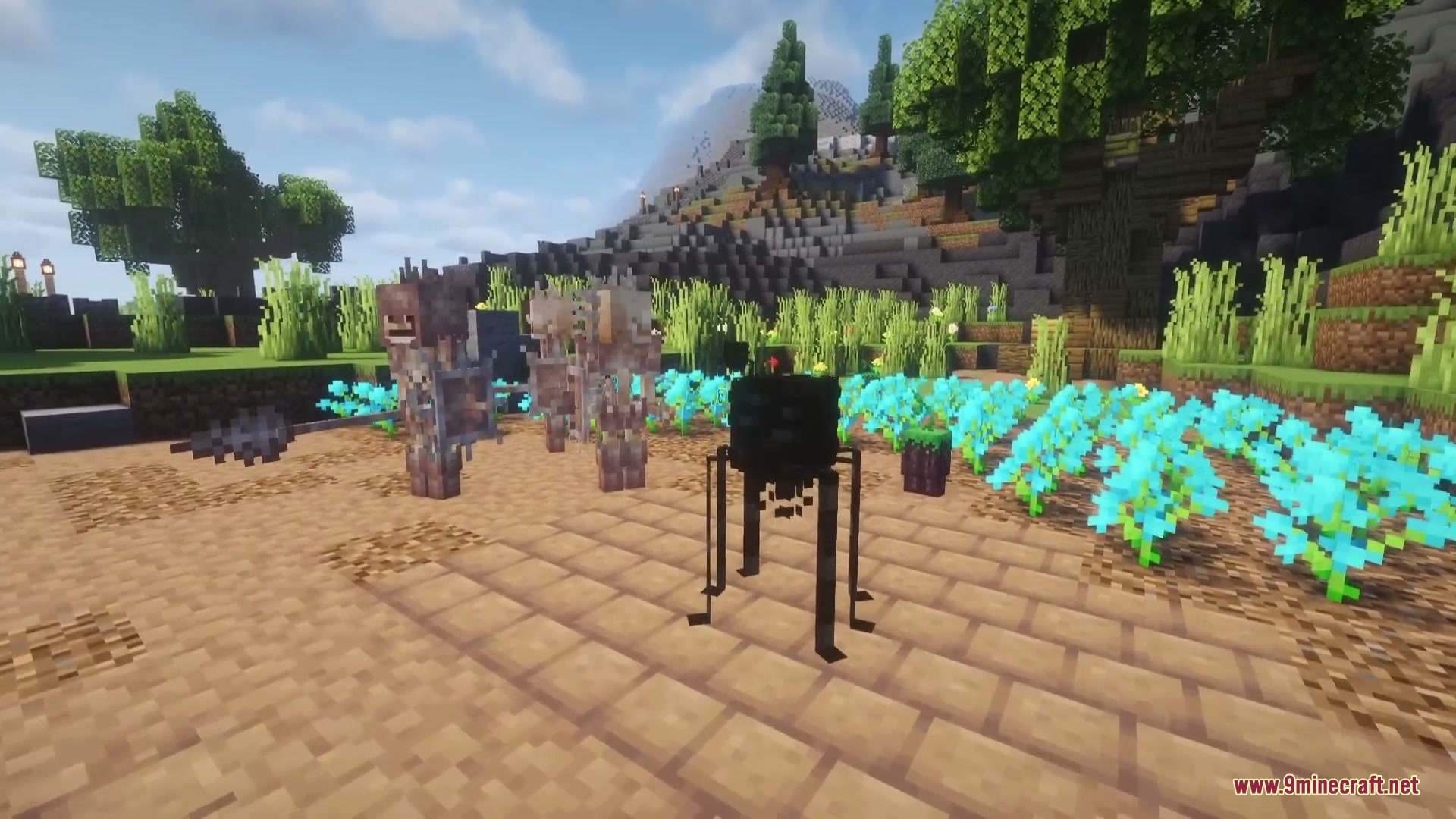 Wildspawn Chaos Mod Screenshot 1 A tall black spider mob stands near skeletal warriors in a flowery field