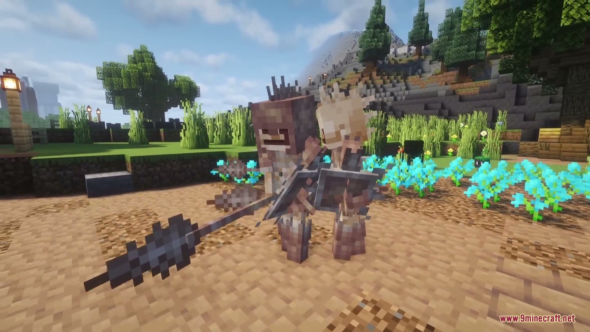 Wildspawn Chaos Mod Screenshot 2 A skeletal warrior holds a large dripstone spear and a shield in Minecraft