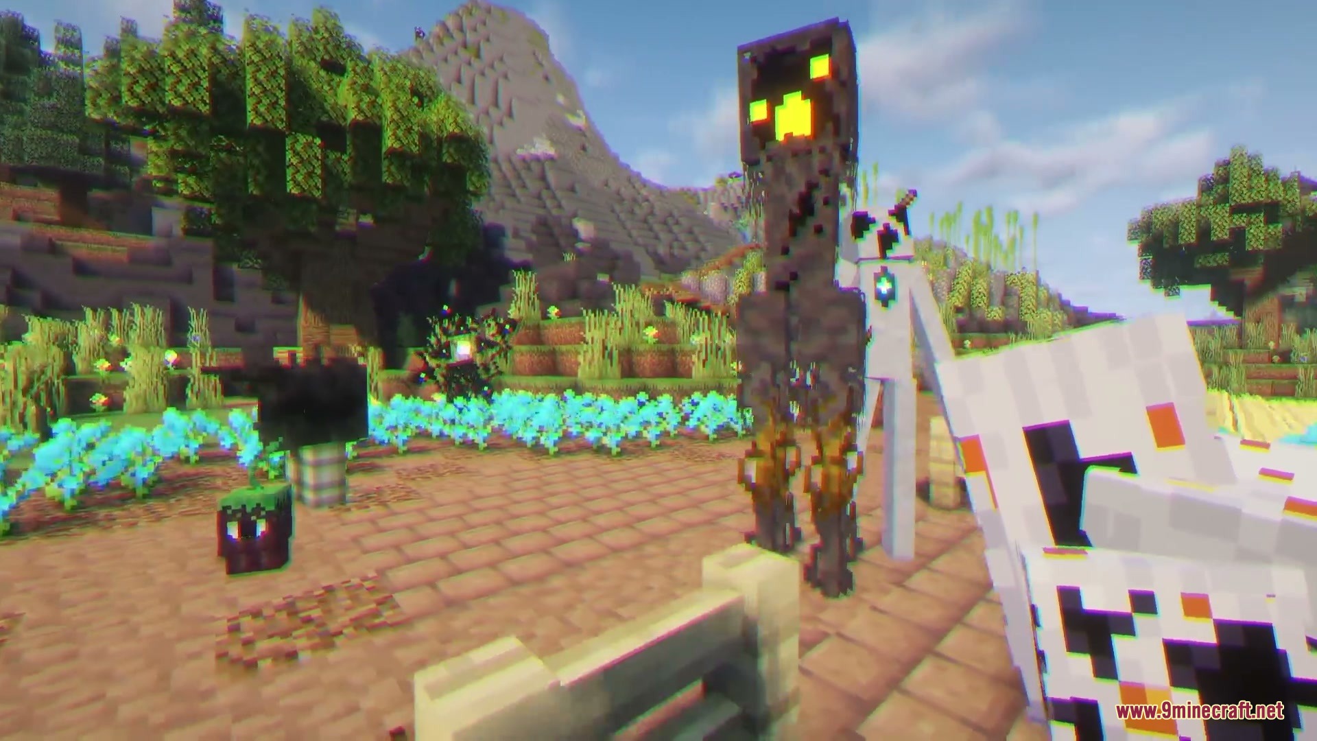 Wildspawn Chaos Mod Screenshot 3 Tall mysterious mobs stand together in a vibrant Minecraft flower garden