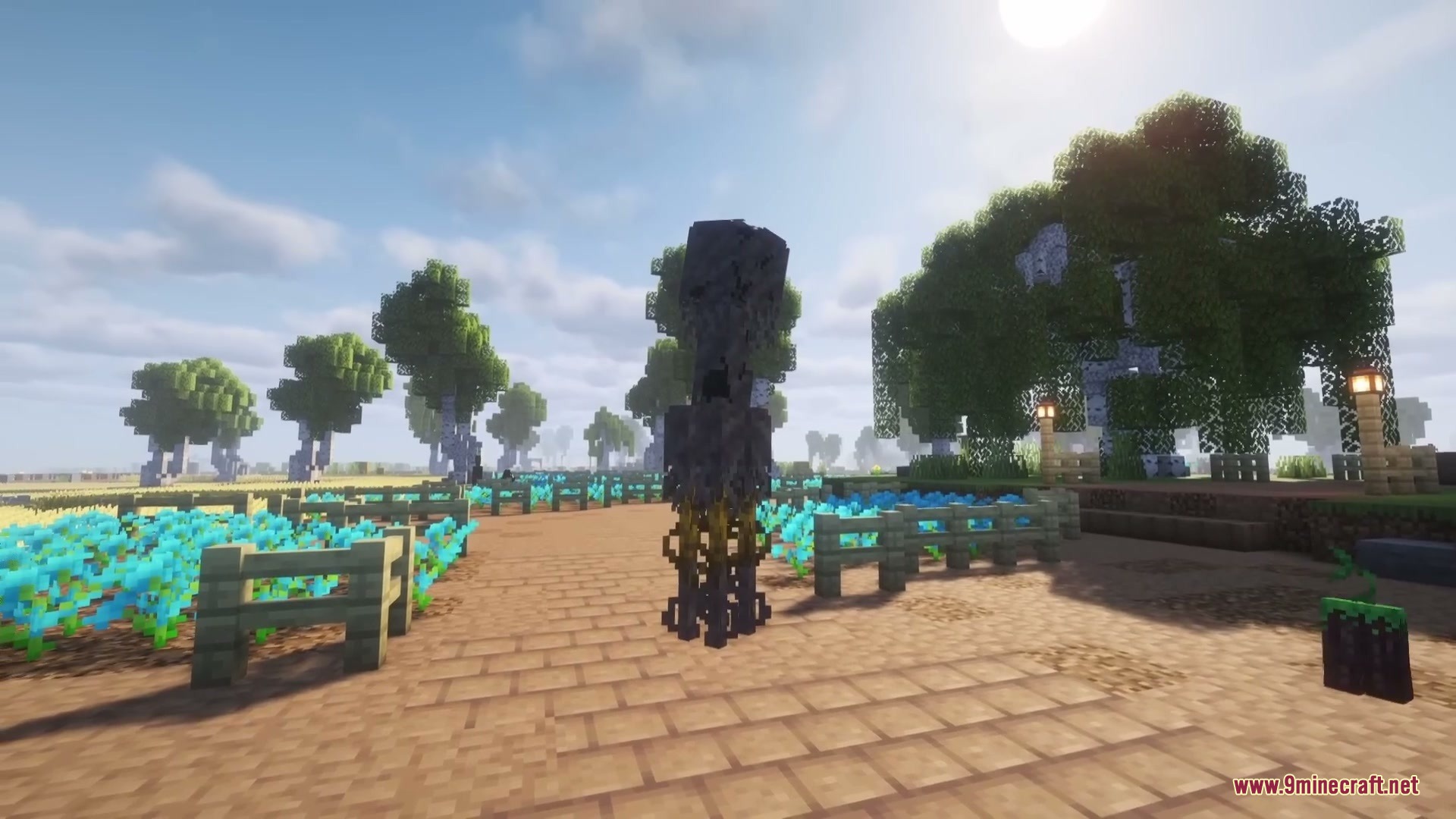 Wildspawn Chaos Mod Screenshot 4 A tall dark creature stands on a brick path near blue flowers