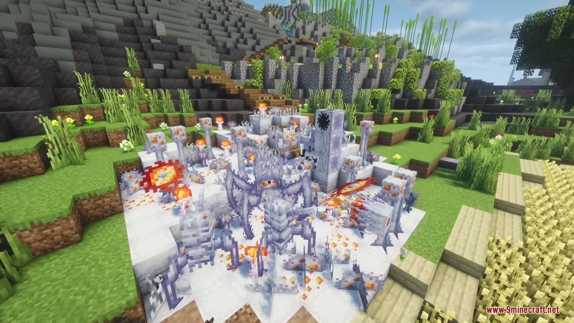 Wildspawn Chaos Mod Screenshot 5 A group of spindly white hostile mobs gathered in a snowy Minecraft area