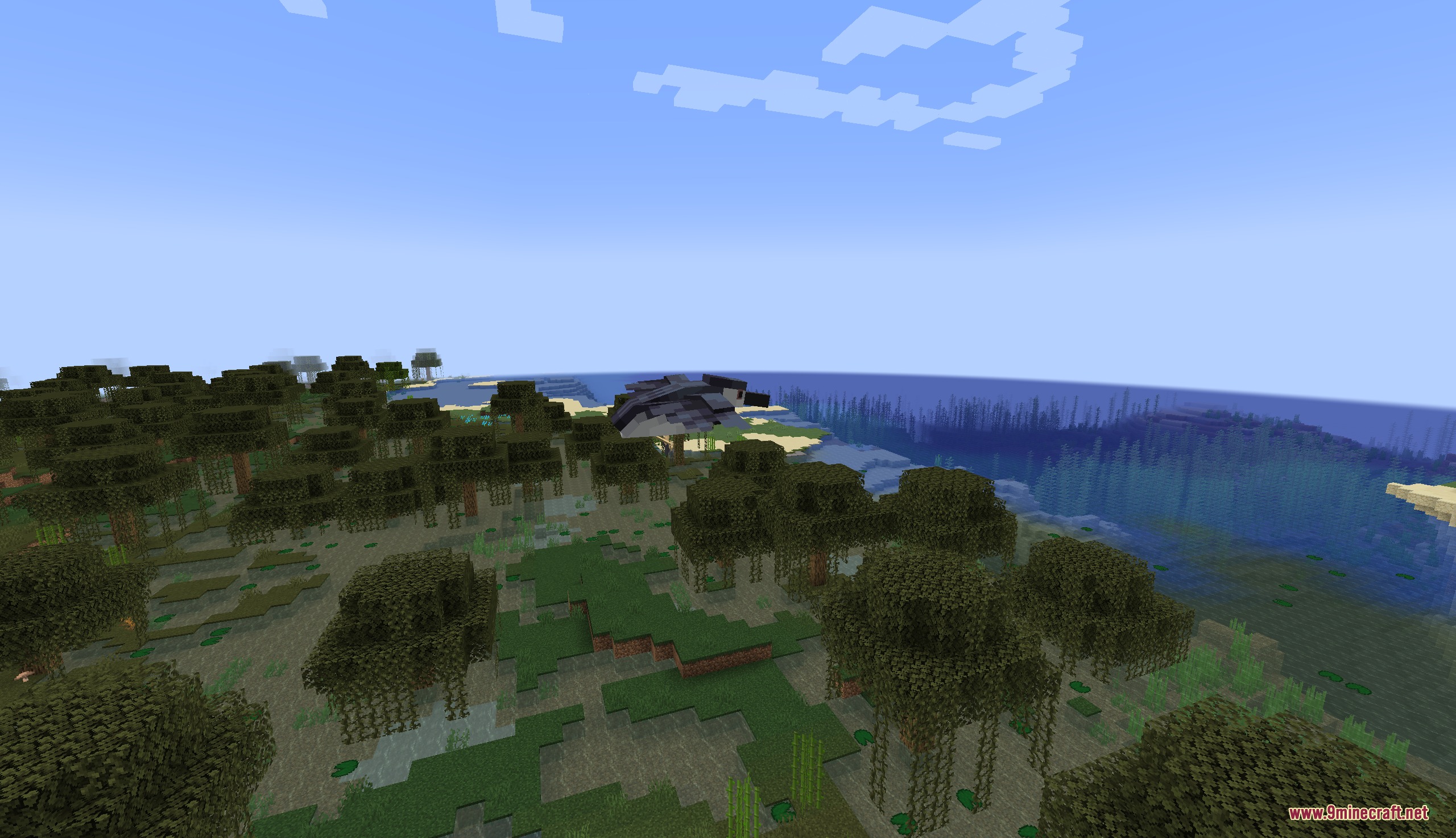 Wildwing Chronicles Mod Screenshot 3 A Night Heron flies over a swamp biome with mangrove trees