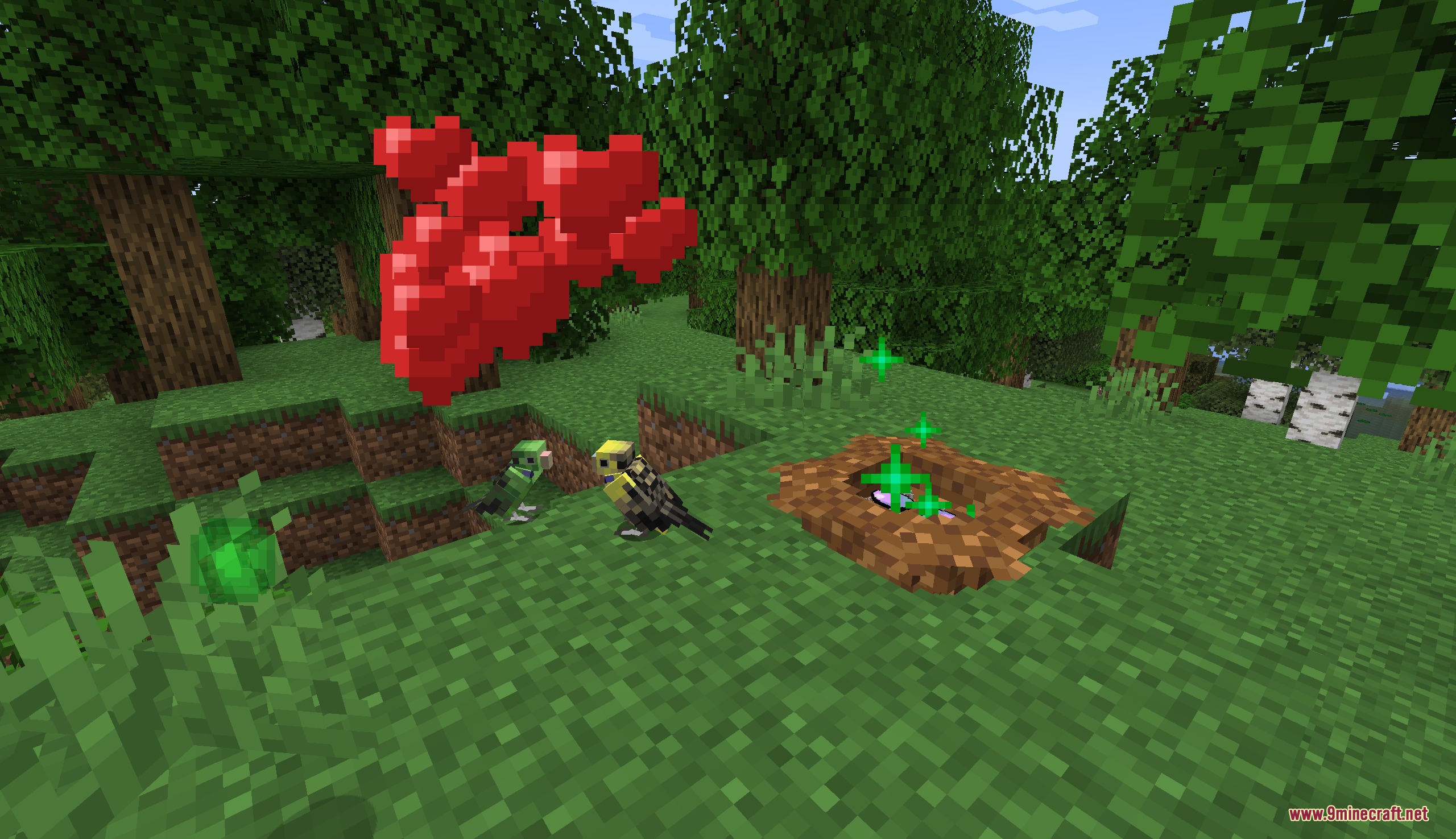 Wildwing Chronicles Mod Screenshot 6 Two colorful Budgerigar birds breeding near a nest with a bird egg