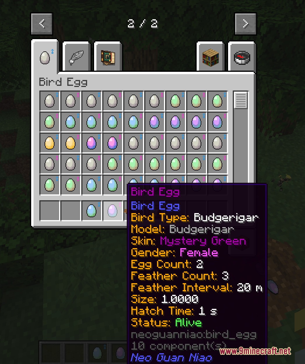 Wildwing Chronicles Mod Screenshot 7 Minecraft inventory displaying many bird eggs and detailed information about a budgerigar egg