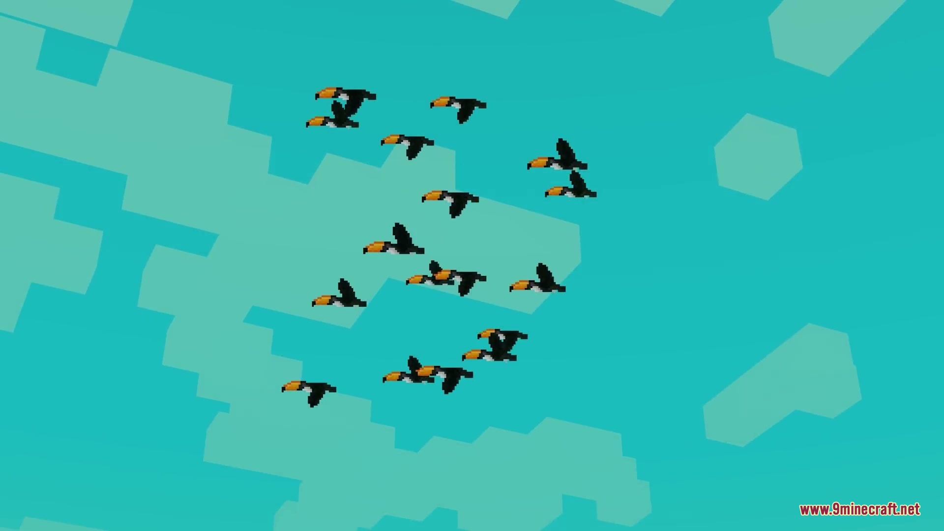Wildwood Echoes Mod Screenshot 2 A flock of colorful toucans soaring through the bright blue sky in Minecraft