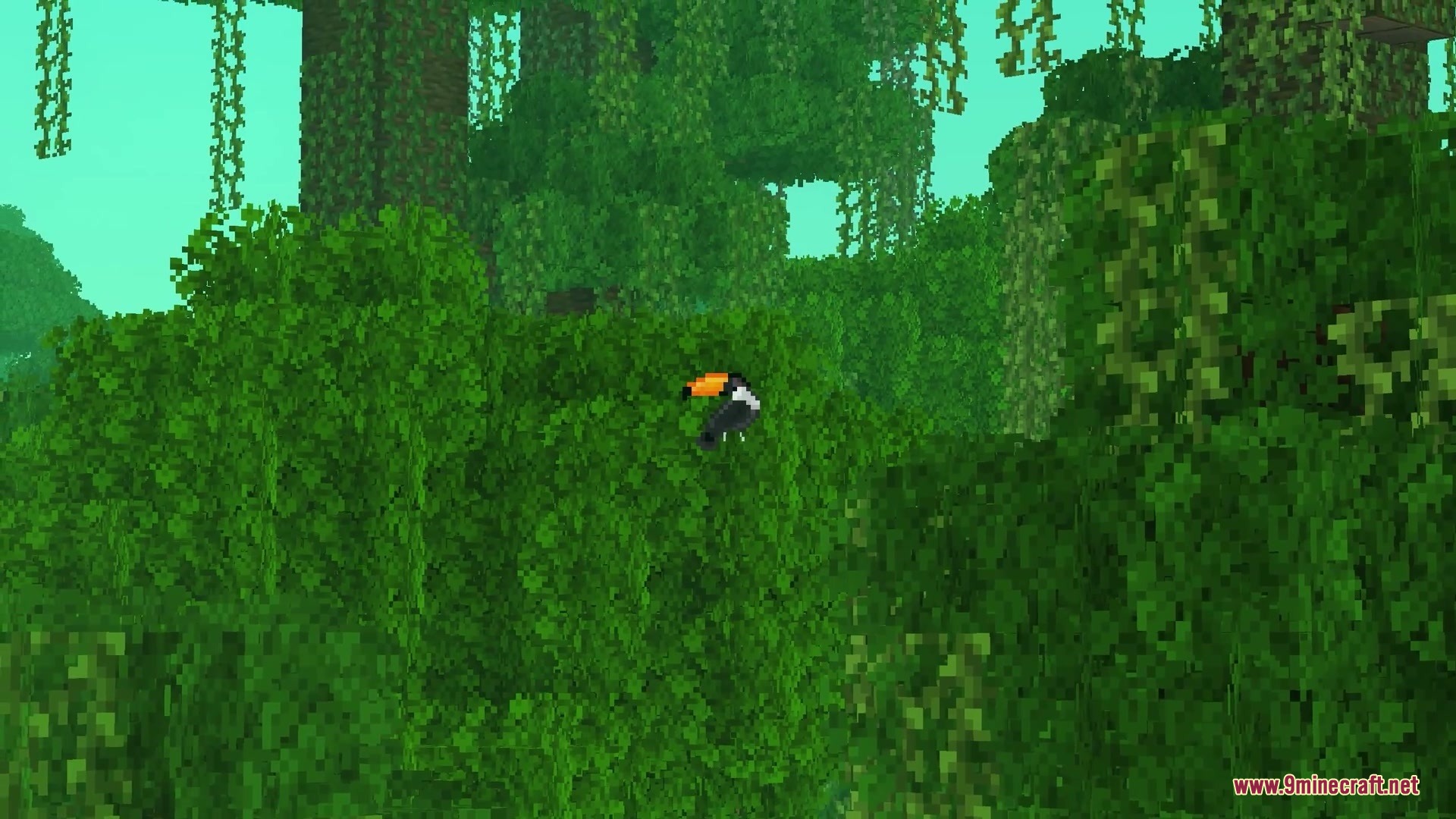 Wildwood Echoes Mod Screenshot 3 A colorful toucan flies through the dense green leaves of a jungle