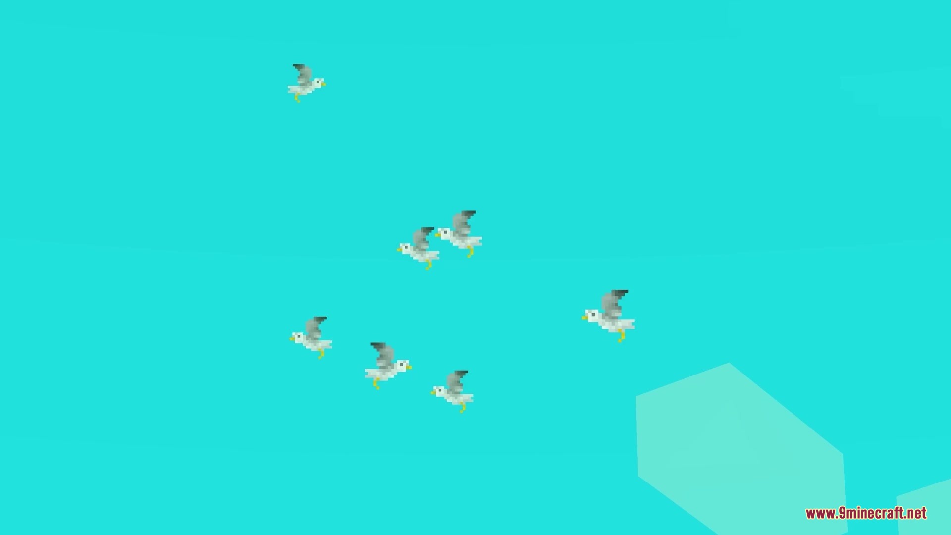 Wildwood Echoes Mod Screenshot 5 A flock of seagulls flying across a clear blue sky in Minecraft
