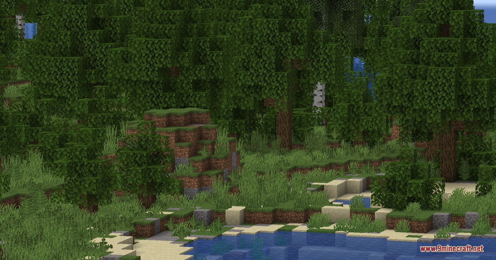 Wildwood Topography Mod Screenshot 2 A scenic pond surrounded by dense forest trees and small rock formations