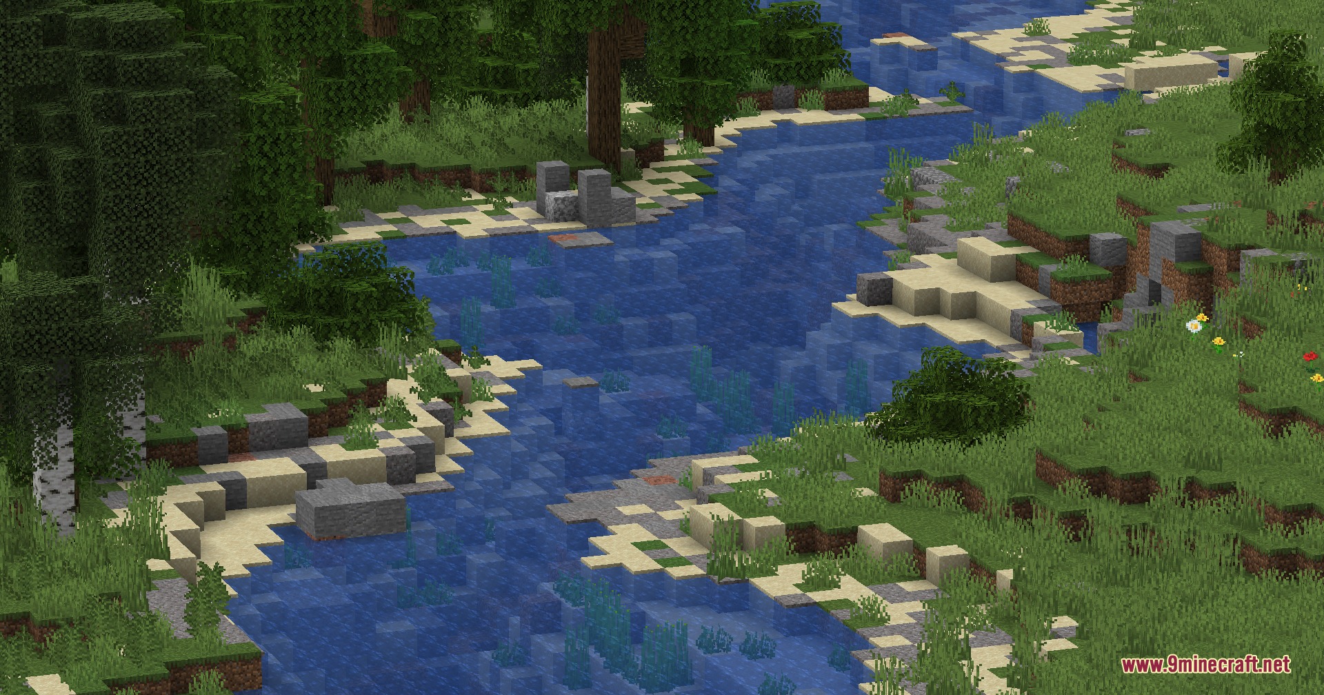 Wildwood Topography Mod Screenshot 3 A winding river with detailed banks and custom trees in a forest