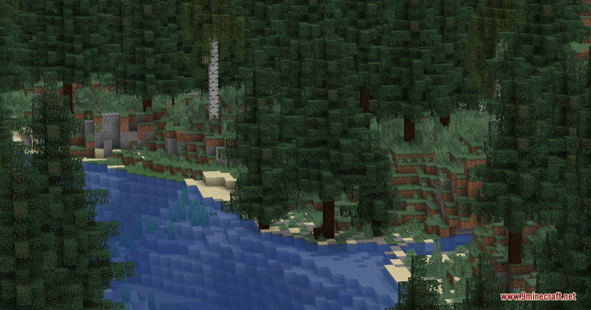 Wildwood Topography Mod Screenshot 4 Tall realistic trees growing along the edge of a calm blue river