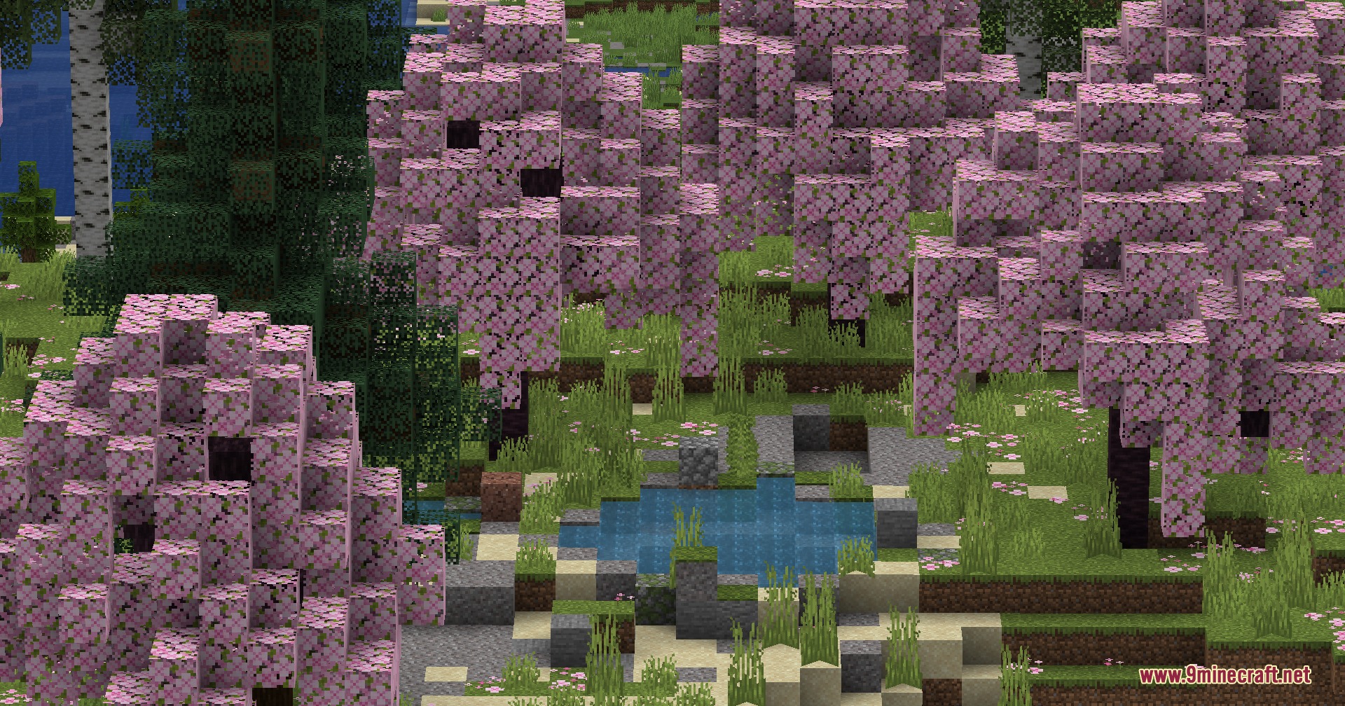 Wildwood Topography Mod Screenshot 8 A scenic cherry grove with custom pink trees and a small pond