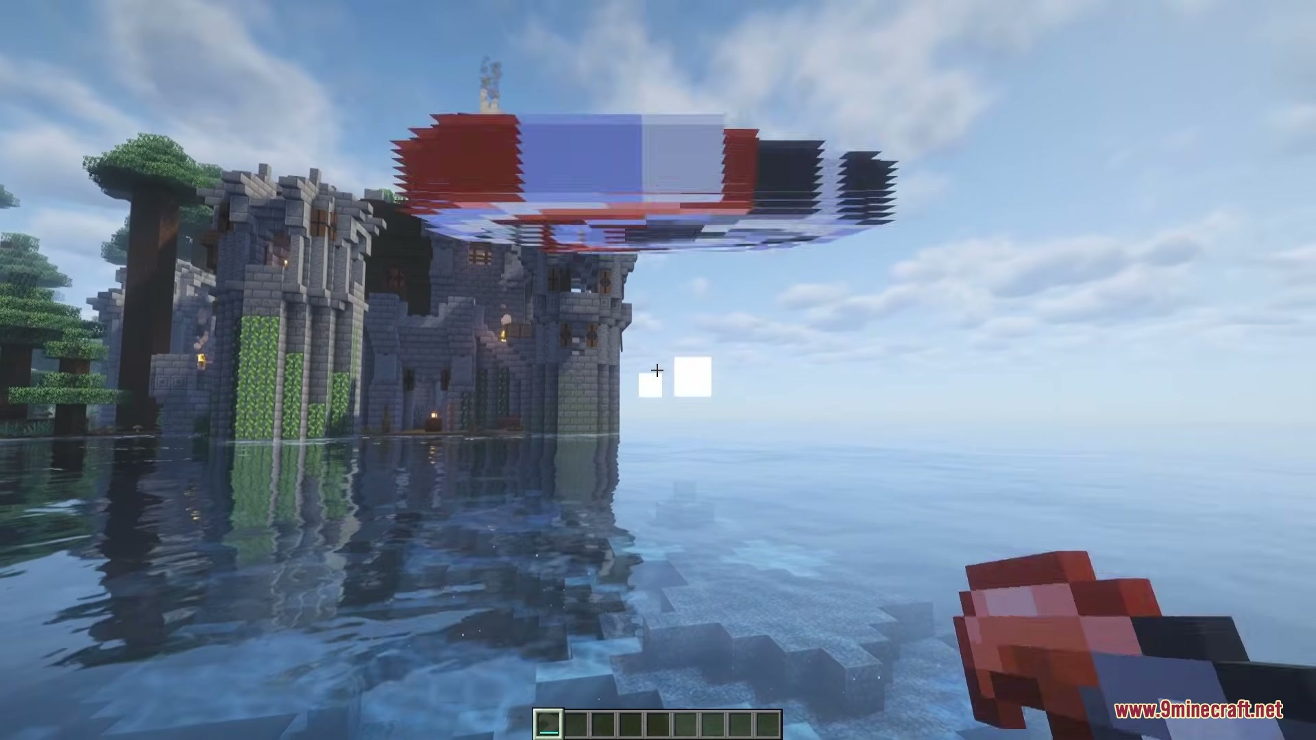Wind Boomerang Mod Screenshot 2 The thrown weapon arcs through the air towards a large stone fortress