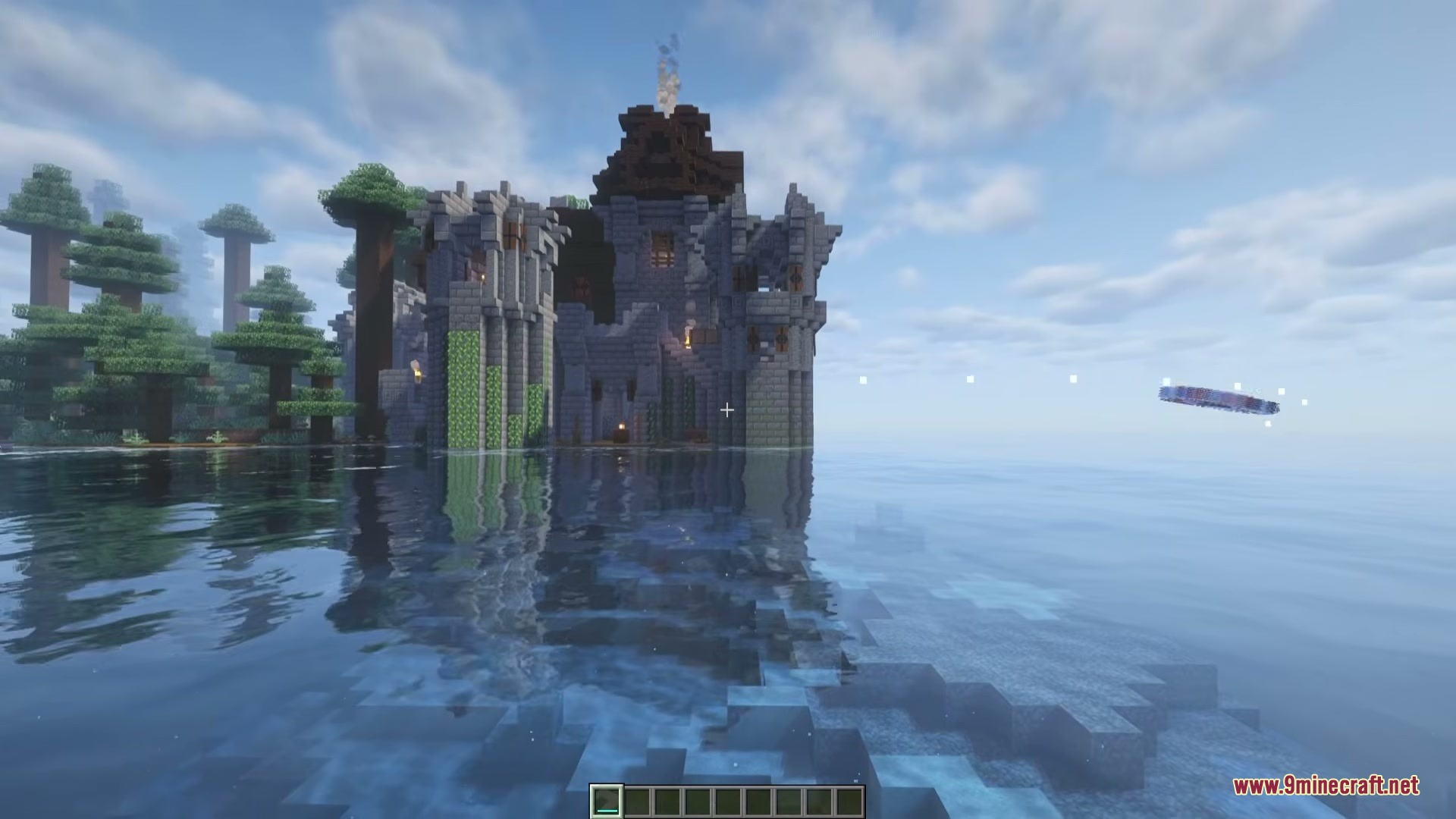 Wind Boomerang Mod Screenshot 3 A wind boomerang flying through the air next to a stone castle