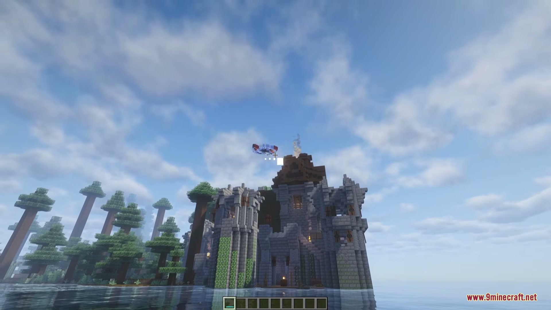 Wind Boomerang Mod Screenshot 4 The boomerang arcing through the sky over a large stone fortress