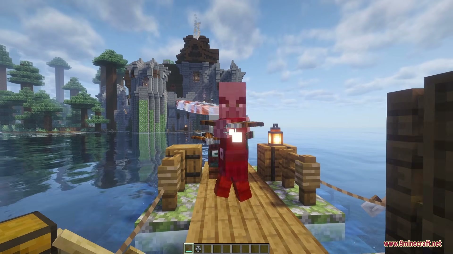 Wind Boomerang Mod Screenshot 5 A red armored mob holding a Wind Boomerang on a wooden dock