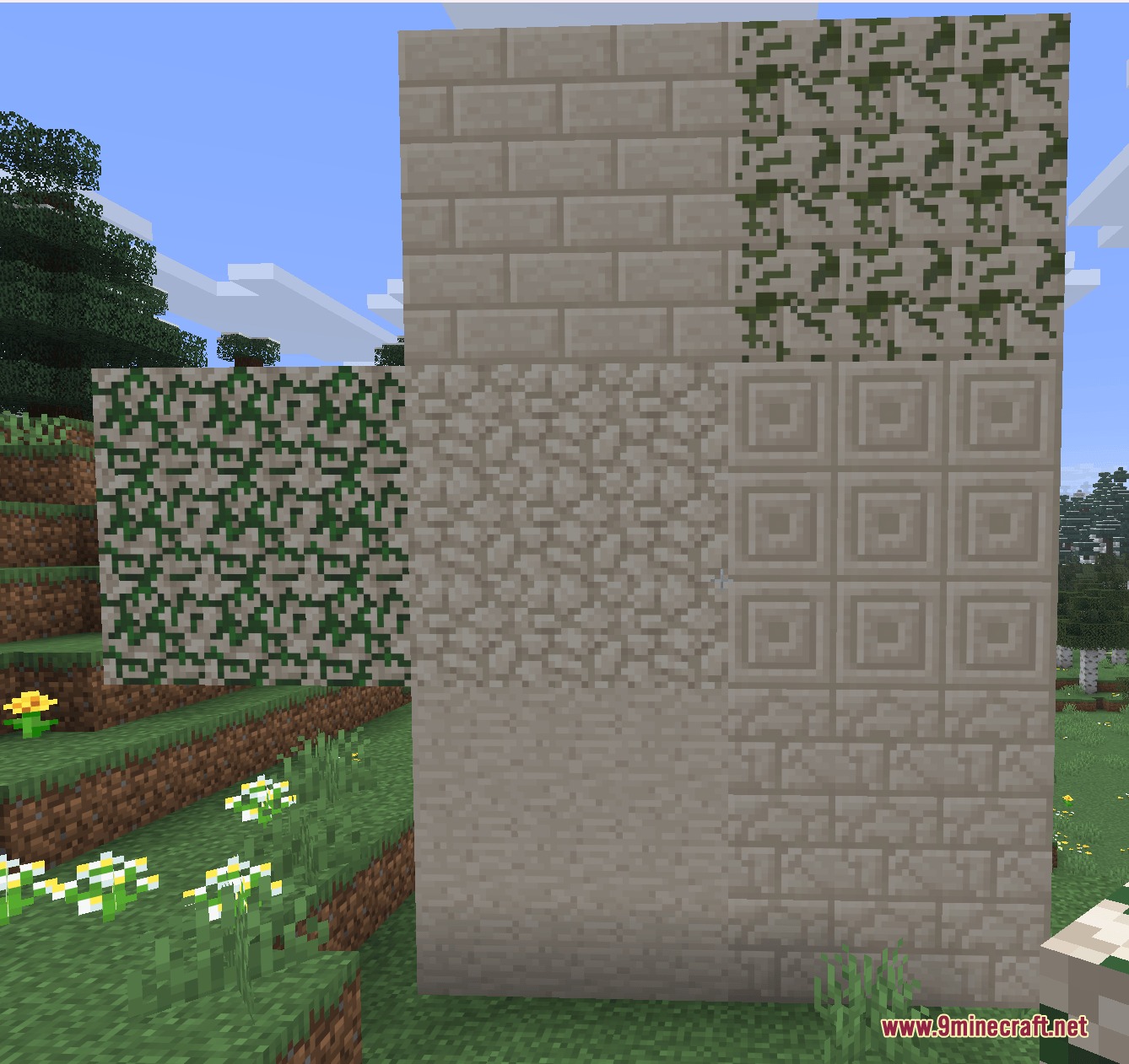Winnetrie's Expansion Mod Screenshot 3 Various types of limestone and marblestone blocks arranged in a decorative wall