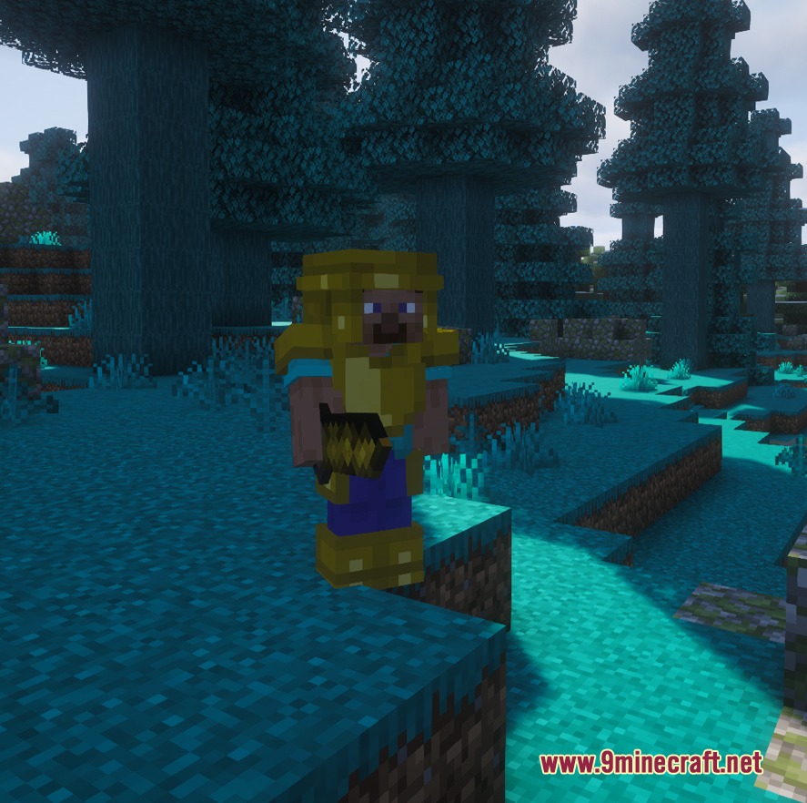 Wister Hazar Mod Screenshot 3 A Minecraft player wearing yellow Oxium armor in a cyan pine forest