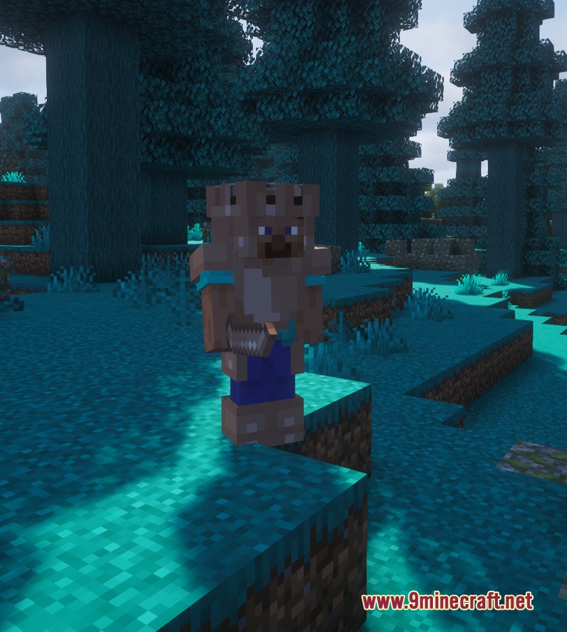Wister Hazar Mod Screenshot 4 A Minecraft player wearing dark Wolfram armor in a cyan pine forest