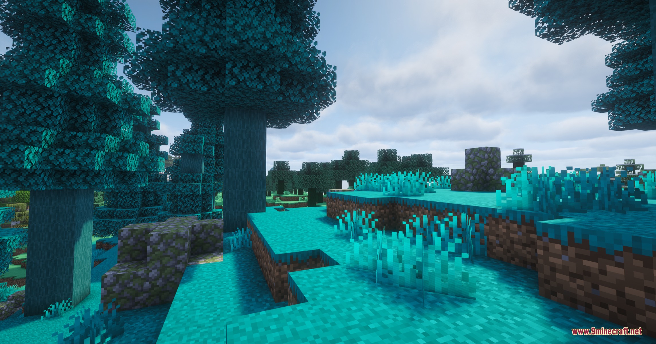 Wister Hazar Mod Screenshot 5 Lush landscape featuring cyan pine trees and vibrant blue grass in Minecraft