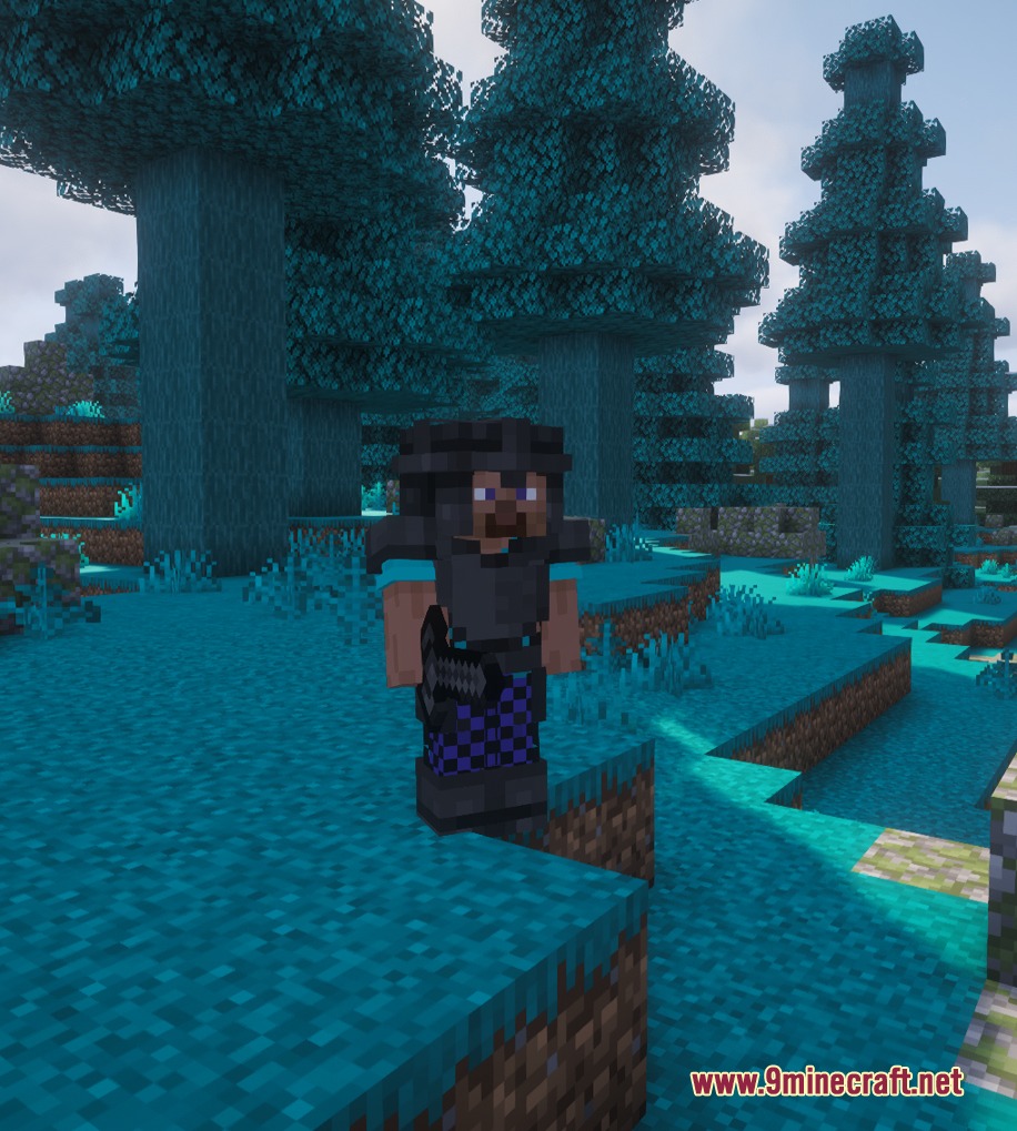 Wister Hazar Mod Screenshot 6 Minecraft character wearing dark Wolfram armor standing in a cyan pine forest