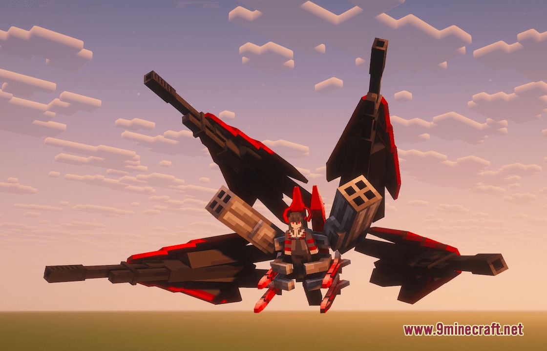 Witheria Mod Screenshot 1 A massive black and red robotic boss floating in the sunset sky