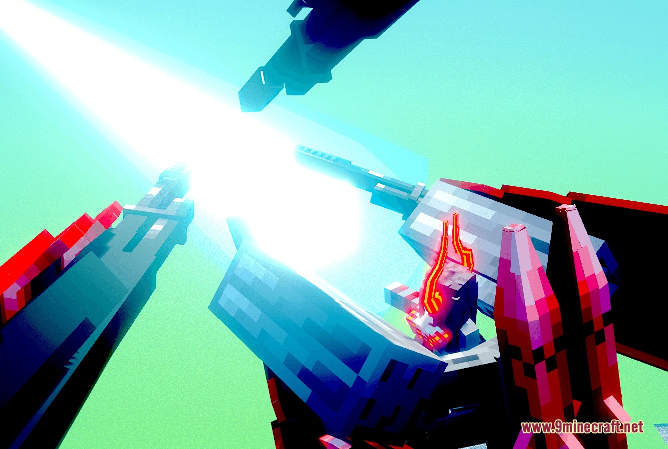 Witheria Mod Screenshot 2 The giant mechanical boss fires a bright energy beam from its main cannons